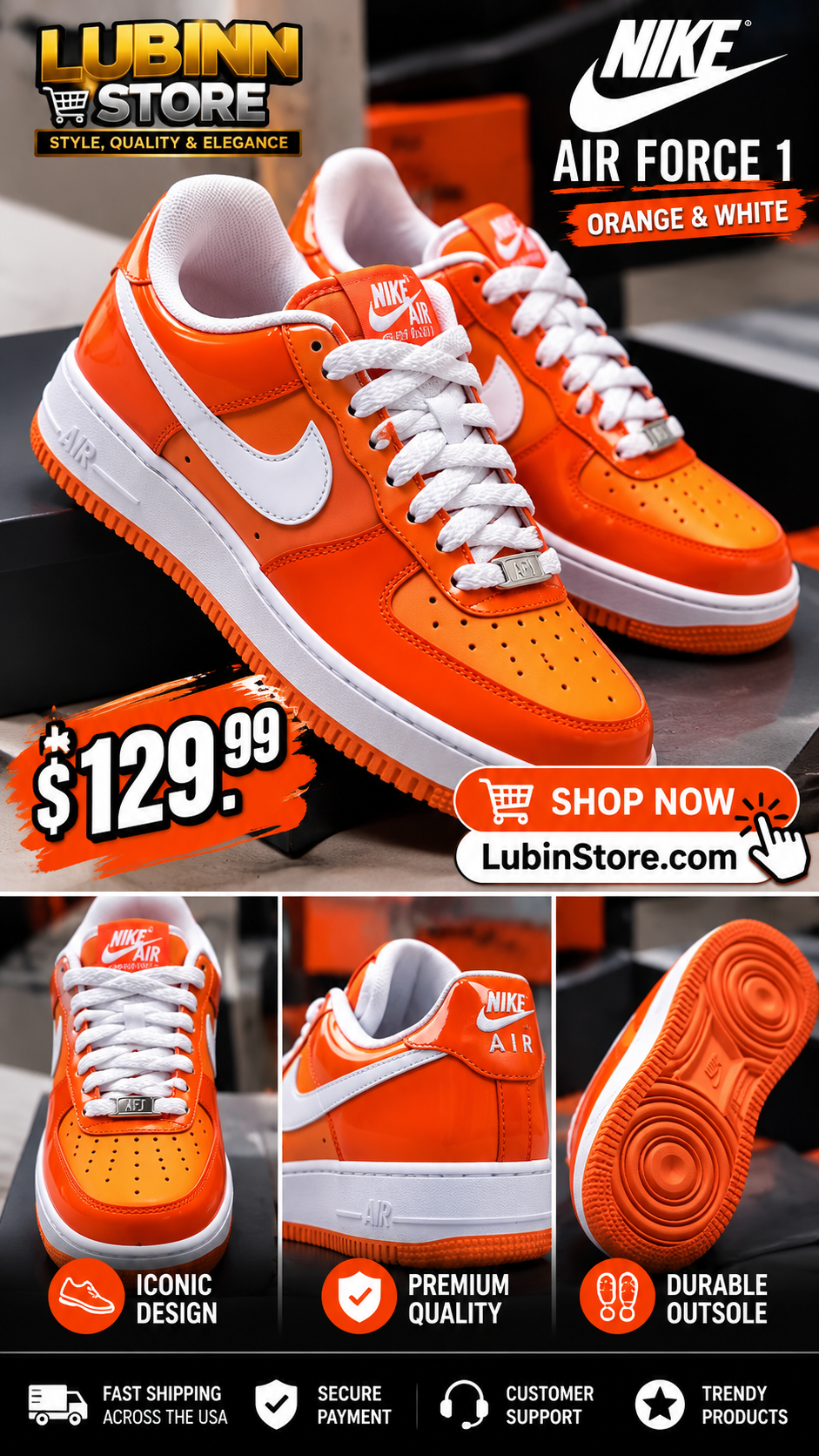 Nike Air Force 1 – Orange & Whit